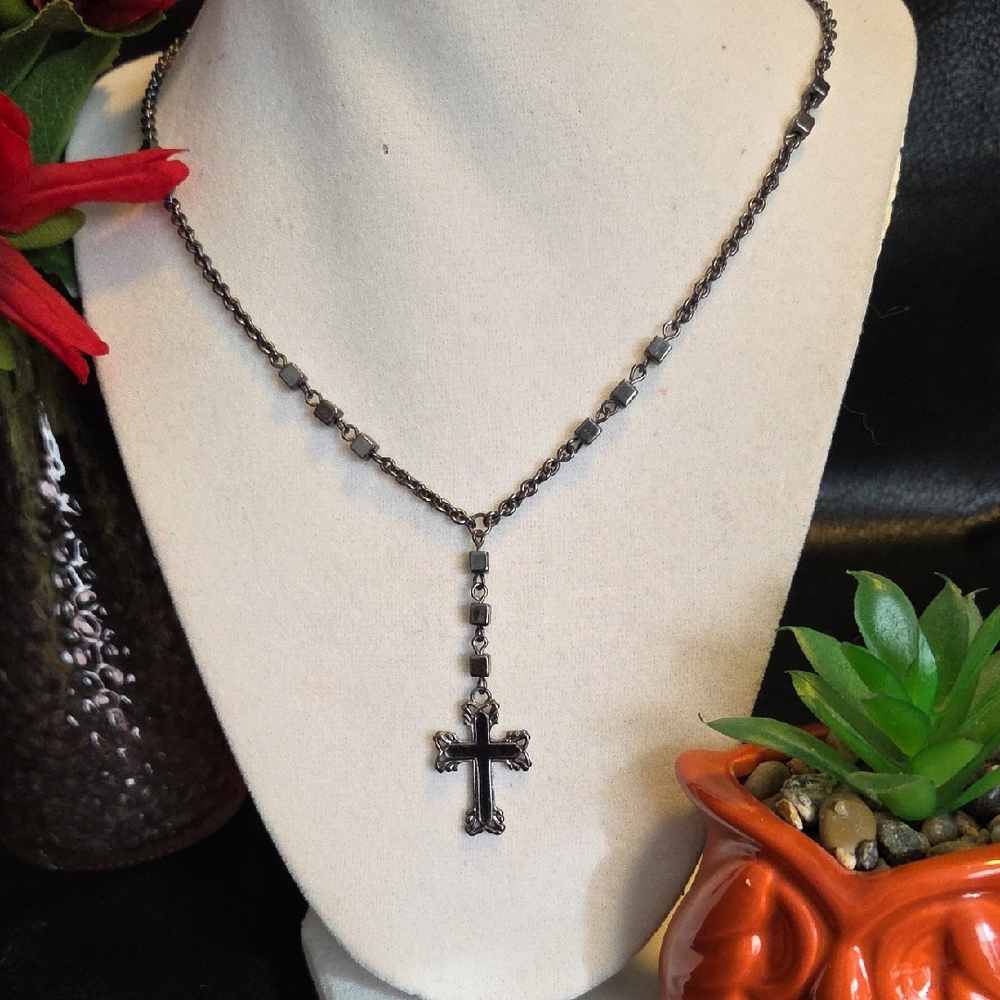 Guess Silver and Black Enamel Cross Necklace